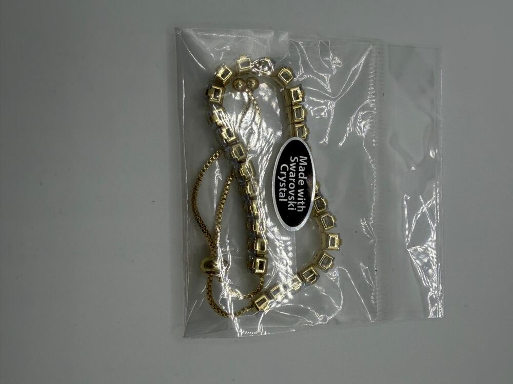 Gold Swarovski Crystal Tennis Bracelet Square Cut Adjustable Bolo NEW